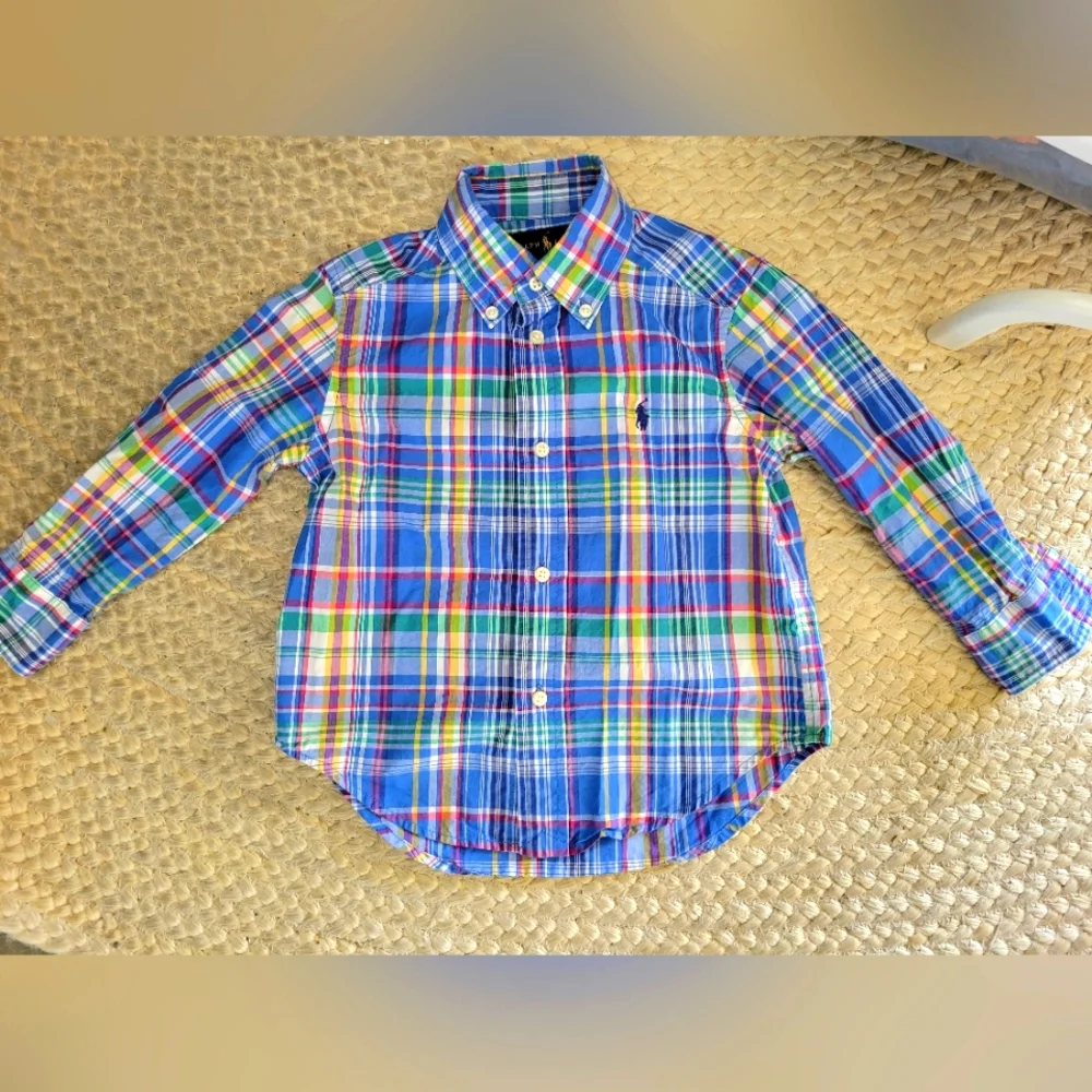 Ralph Lauren Blue Plaid 100% Cotton Boy's Button Down Shirt Size‎ 2T